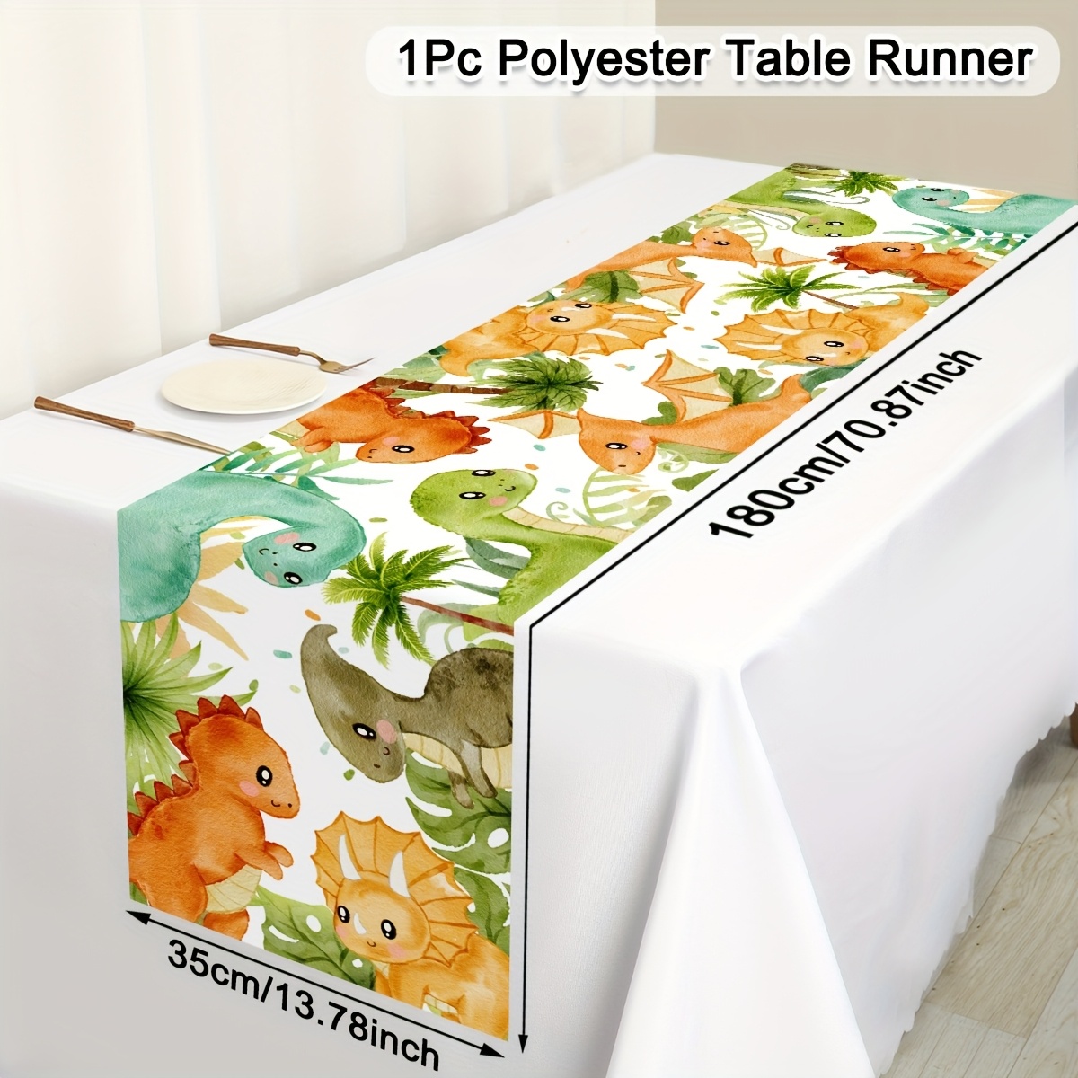 E-shop 1 Stück, Grüner Wald Dinosaurier Tischläufer, 35*180cm Polyester Dschungel Aquarell Dinosaurier Party Tischdecke, für Dino-Themengeburtstage,