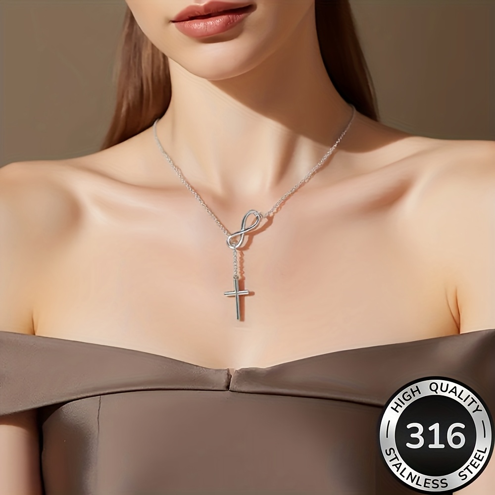 collier croix dorée en acier inoxydable de haute qualité,   à la décoloration, simple et élégant, adapté au port   ou aux  , accessoire de bijouterie tendance pour femmes, un cadeau délicat   Détails du produit 0