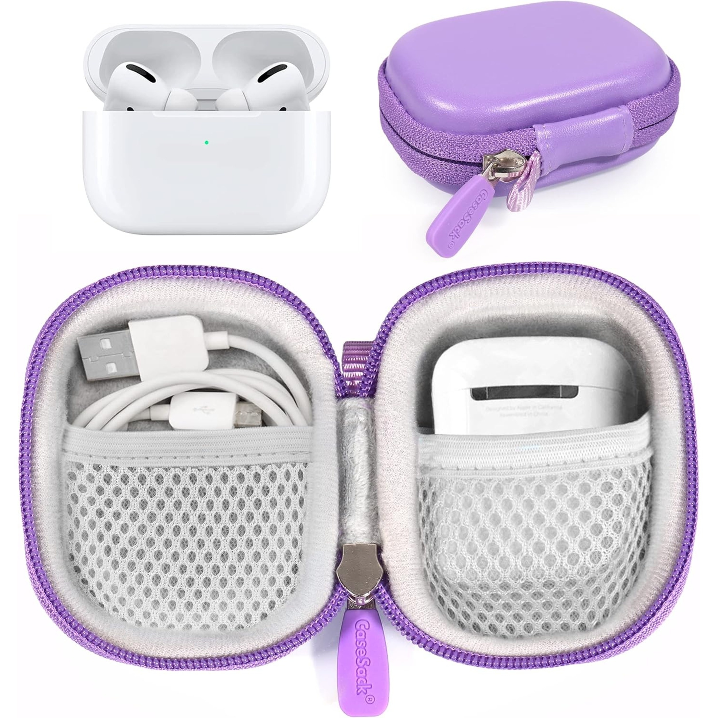 

[vinyl Exterior] Purple Vinyl Protective Case For Airpods Pro, 1 & 2, For /2/1 - Lightweight, -resistant With Mesh Accessory Pocket, Zipper Closure & Tassel Detail