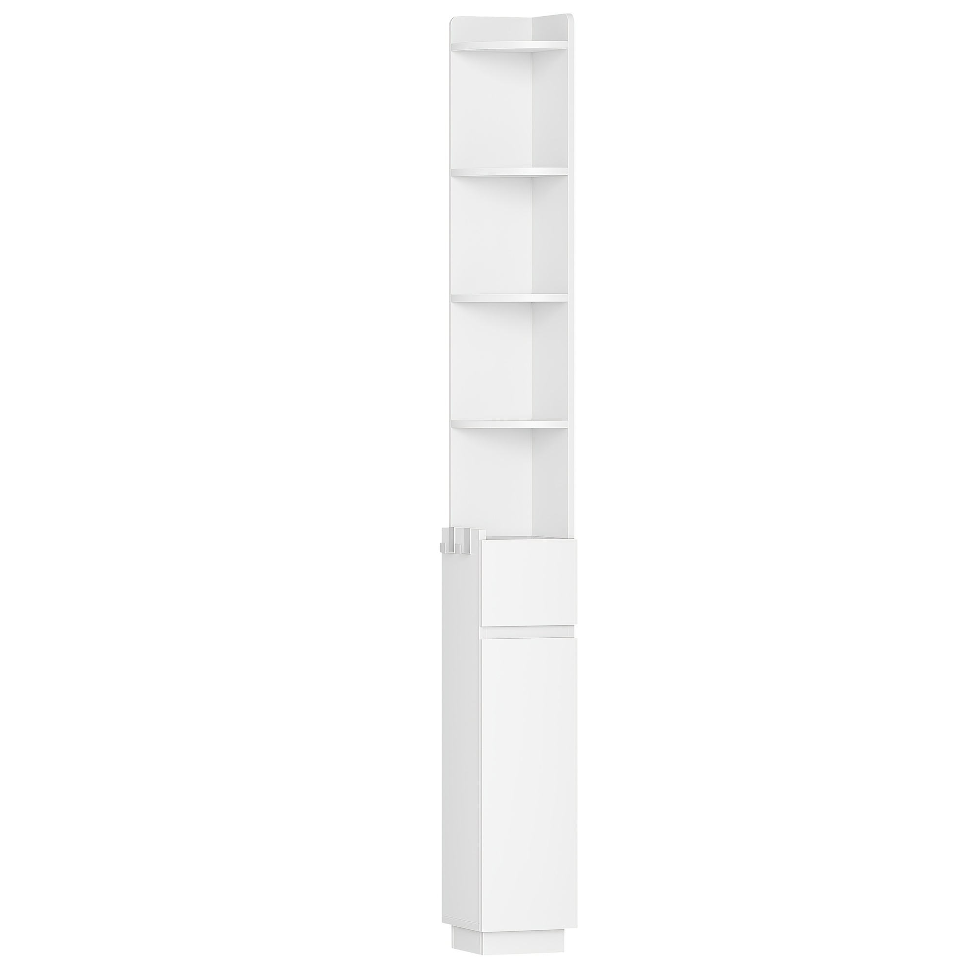 White Bathroom Storage Unit Designed For Corners, Includes A Cabinet Door, A Narrow Shelf With An Adjustable Section, 1 Drawer, And 4 Open Spaces, Measuring 20 X 20 X 185.6 Cm