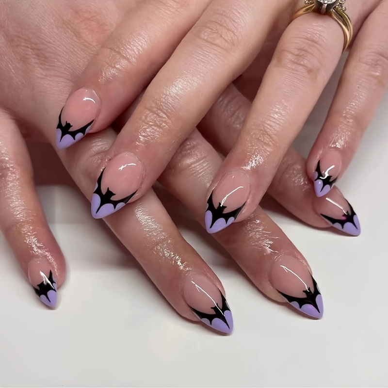 TEMU 24pcs Chic French Tip Press-on Nails - Accents, Almond Shape, Glossy Finish With Jelly Glue & Nail File Included - Holidays & Fashionable Style, Nail Art, False Nails & Accessories
