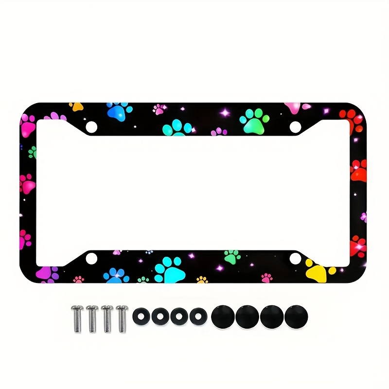 TEMU 1pc Vibrant Rainbow Dog Paw Print License Plate Frame - Durable Aluminum Car Tag Holder With Colorful Paw Design, Includes Mounting Screws & Spacers, Pet Lovers