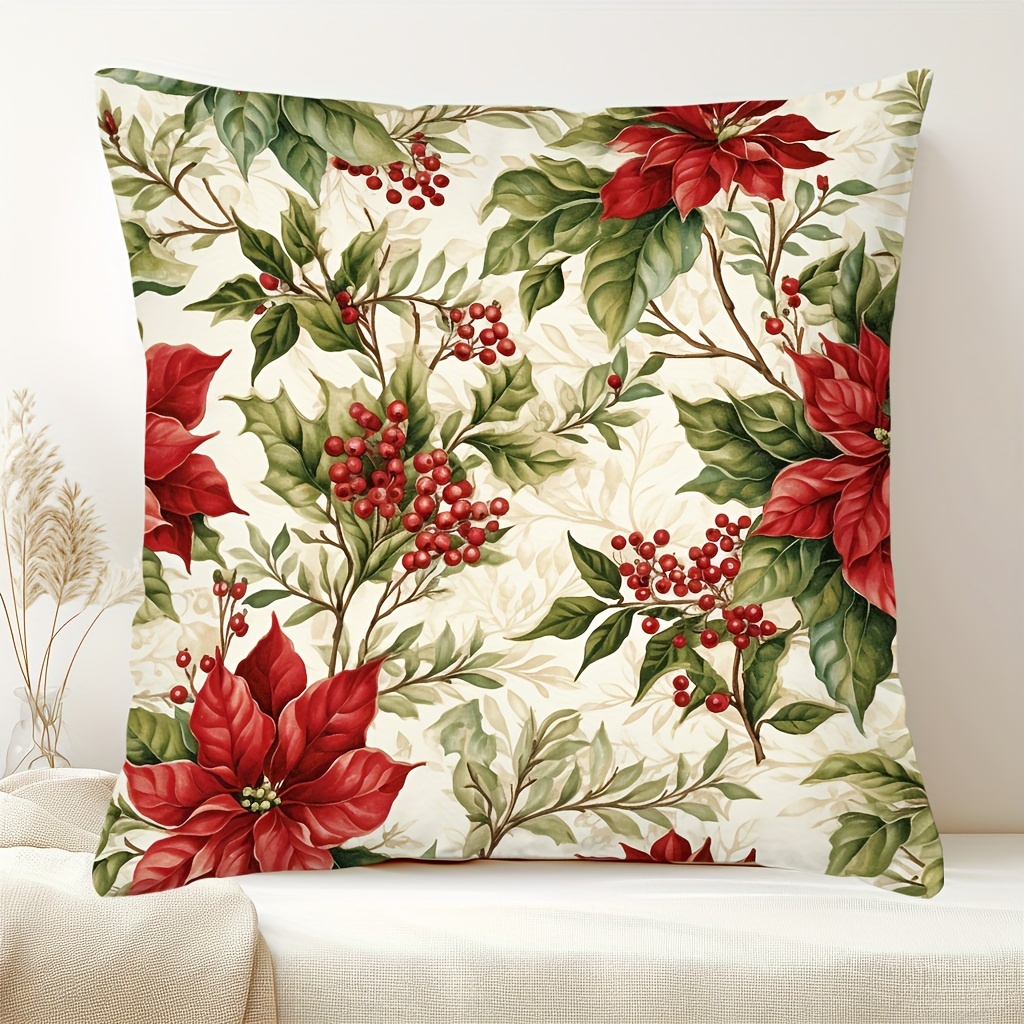 

1pc Contemporary Christmas Throw Pillow Cover, Poinsettia And Holly Berry Design, Polyester, Hand Wash Only, 45cm Zippered Cushion Case For Various Room Types - Festive Home Decor (no Insert)