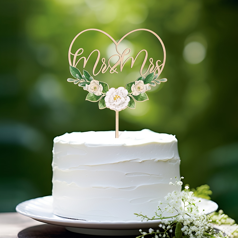 

Wedding Cake Topper Decoration - Elegant Wooden "mr & Mrs" Heart Design With Floral Print, Greenery Adornment - No Feathers, Electric-free - Perfect For Wedding Celebrations