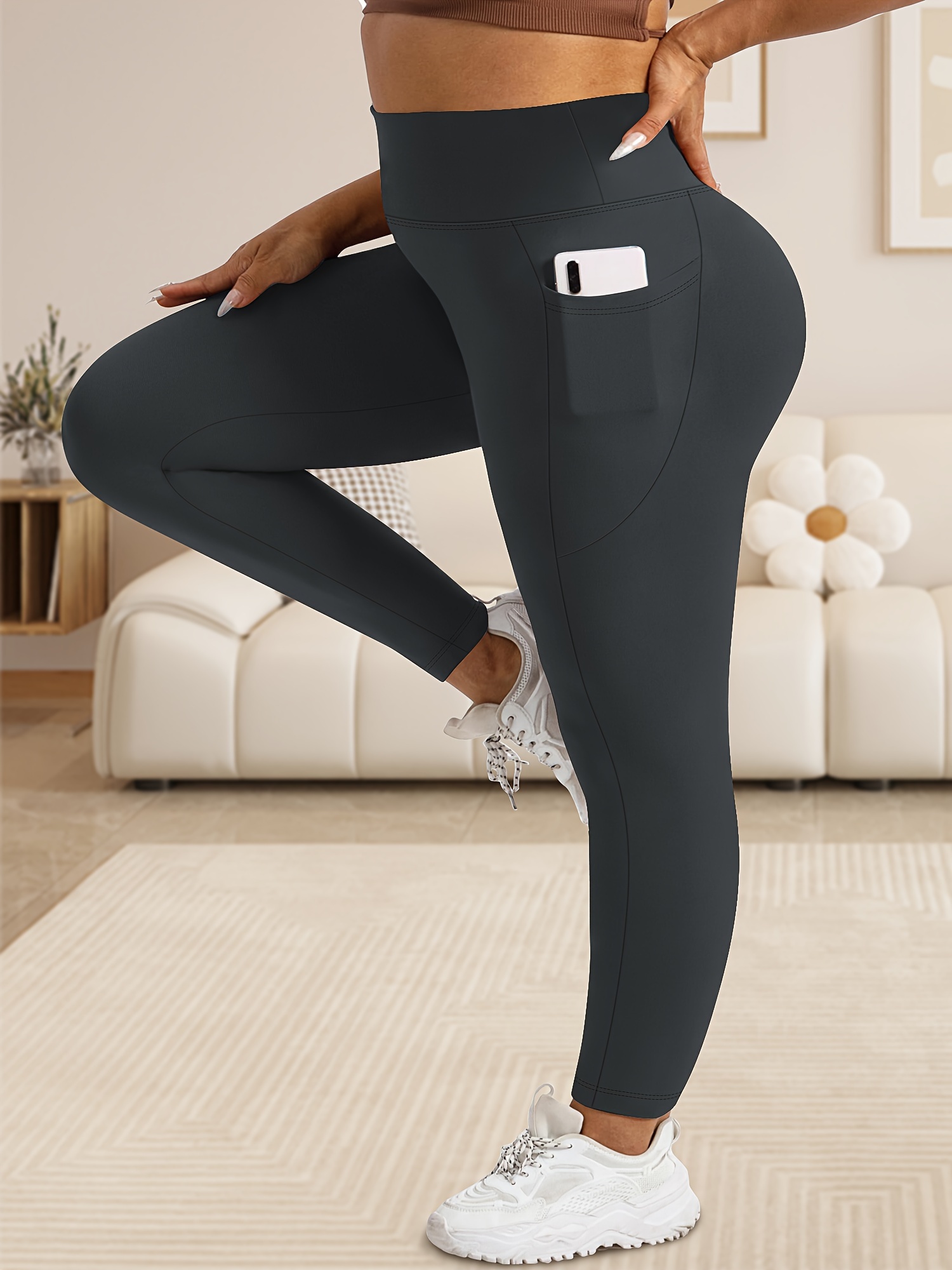 Women'S Plus Size High Waist Tummy Control Leggings with Pockets, 88% Polyester 12% Elastane, Skinny Fit, Solid Color, Knit Fabric, 200g/m², All Season Athletic Yoga Pants for Running & Fitness