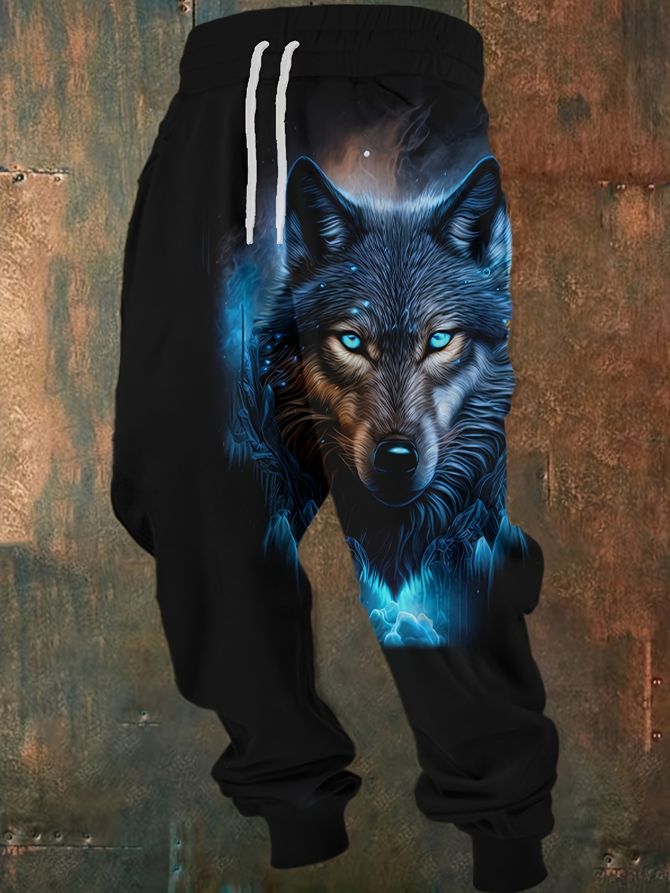 mens black wolf blue glowing eyes print joggers high stretch