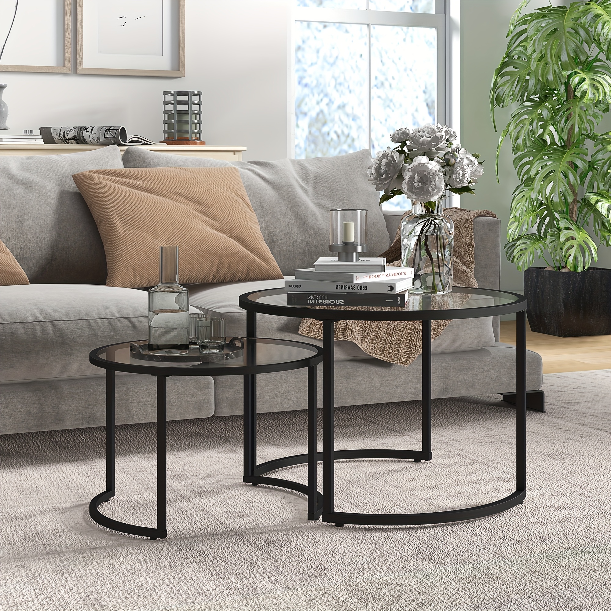 TEMU Coffee Table Set, Consisting Of 2 Side Tables, With Black , Tempered Glass Top, Partially Stackable, Suitable For Living Rooms And Lounges