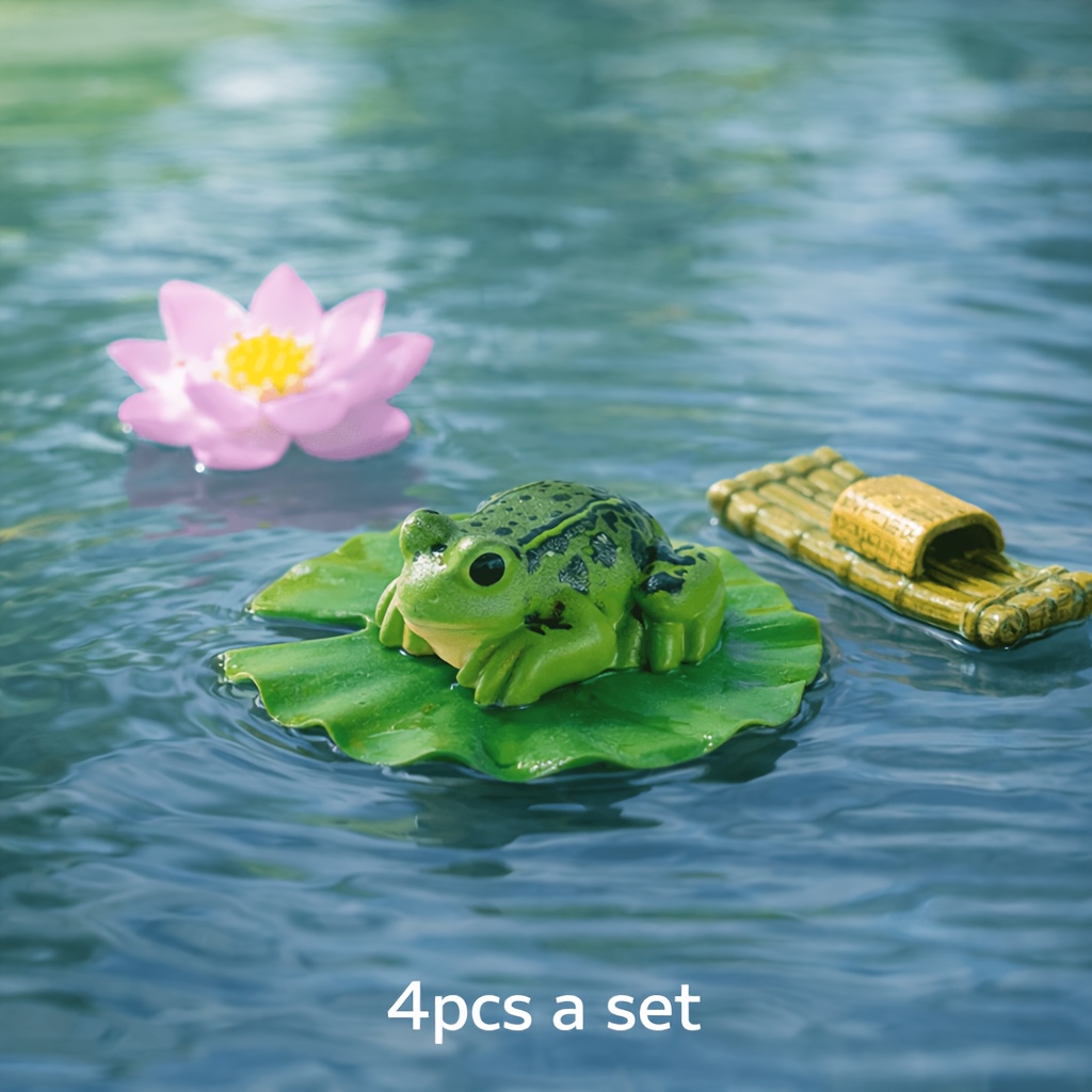 E-shop Kleines 4-teiliges schwimmendes Teichdekor-Set aus Harz mit Froschinsel und Lotusblume für Aquarium, Teich und Garten – Mikro-Landschaft,