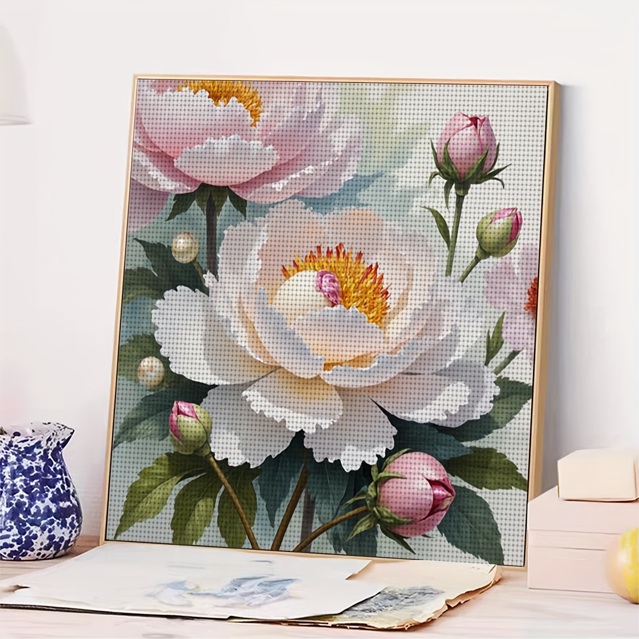 Printed Cross Stitch Kit, Blooming Peony Pattern for Beginners