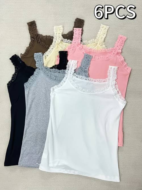 6pcs womens plus size lace camisole vests fit sheer layering with lace trim stretchy lightweight undershirts for 6 colors nude white black grey pink beige versatile clothing elegant design delicate detailing nontransparent fabric