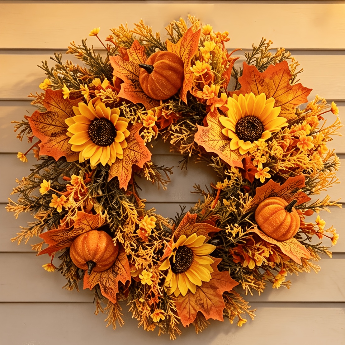 TEMU Simulated Maple Leaf, Sunflower And Pumpkin Combination Wreath, Orange And Yellow Autumn Thanksgiving And Halloween Decorative Wreath, Winter