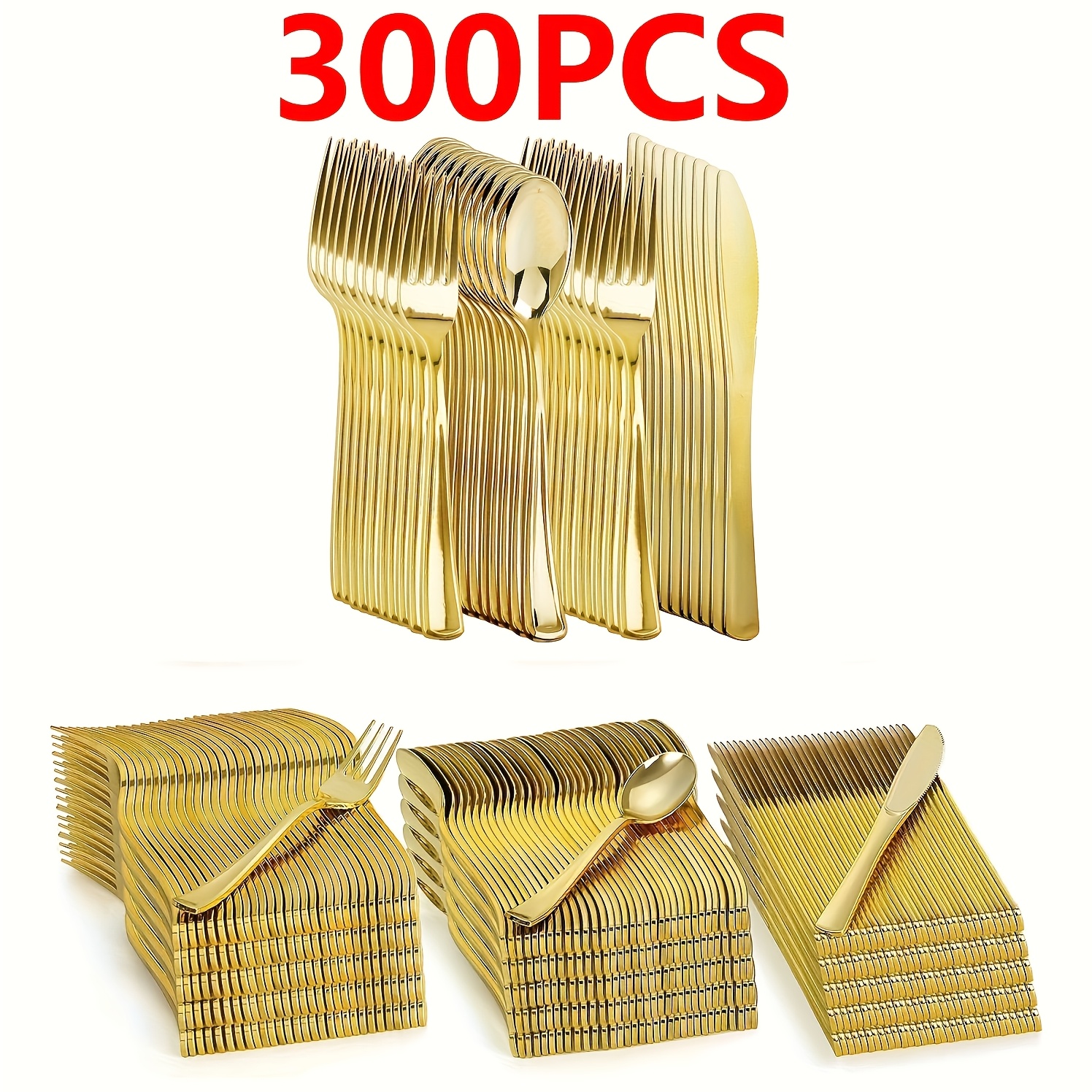 Image of 300pcs Heavy-duty Plastic Cutlery Set - 100 Golden/silvery Plastic Forks, Spoons, And Knives Each - Durable Plastic Flatware, Ideal For Parties, Birthdays, Weddings, Spring, And Other Occasions