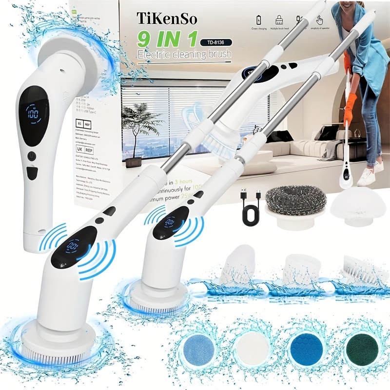 

Motorised Rotating Cleaning Brush, New Voice-activated Cleaning Brush With 9 Interchangeable Brushes, 3 Adjustable Speeds And Adjustable Extension Handle For Bathroom Bathtubs And Tiled Floors.