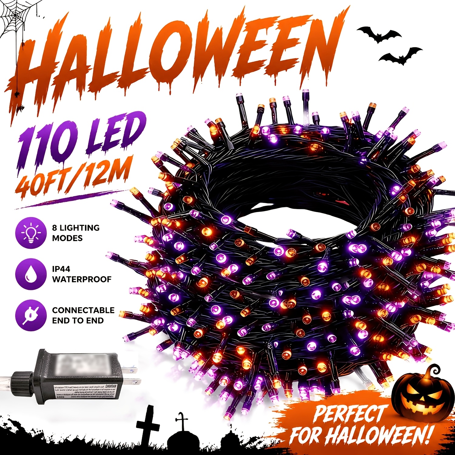 TEMU 1pc Of Plug-in Halloween Decorative Lights, Led Bulbs, 8 Per Bulb, 40ft/12m-110 Led Bulbs-8 Flashing , Ip44 , Indoor And Outdoor Halloween