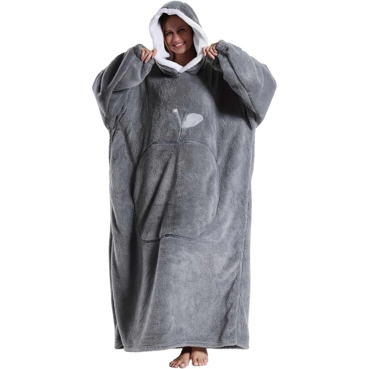 

1pc Adult Plush Hoodie Blanket - Oversized, Reversible, Light Gray Fleece With Hood, Large Pockets, For Mom, Hand Wash Only, Blanket Hoodie