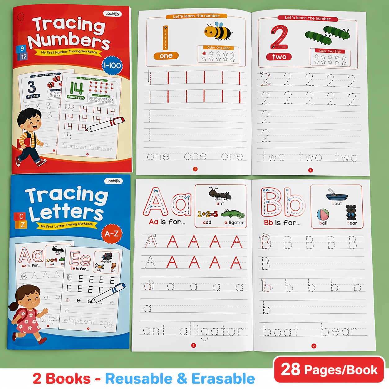 TEMU 2pcs Reusable And Erasable Tracing Workbook Set For Kids, Wipe Clean -z And Numbers 1-100 Writing Practice Books Dry Erase Handwriting And Early