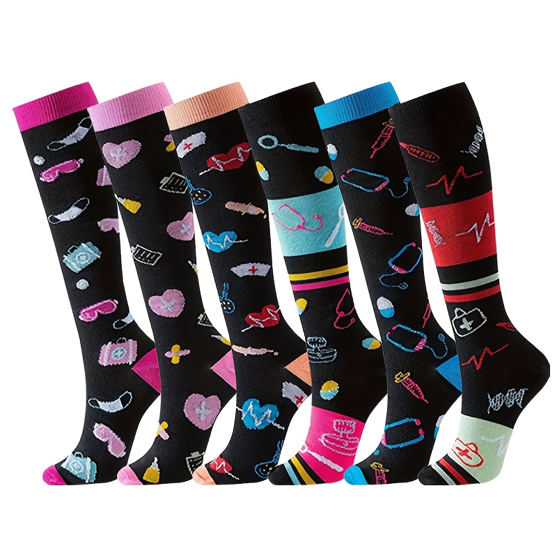 TEMU 6 Pairs Of Men's And Women's Long Cartoon Compression , Yoga, Teacher Socks Outdoor Cycling, Hiking, Mountaineering Calf Support Compression Socks