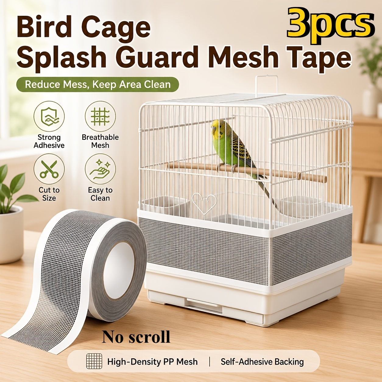 TEMU 3pcs Protection Anti-Éclaboussures pour Cage d'Oiseaux, Ruban de Respirant et Réglable, Accessoires de Protection pour Cage à