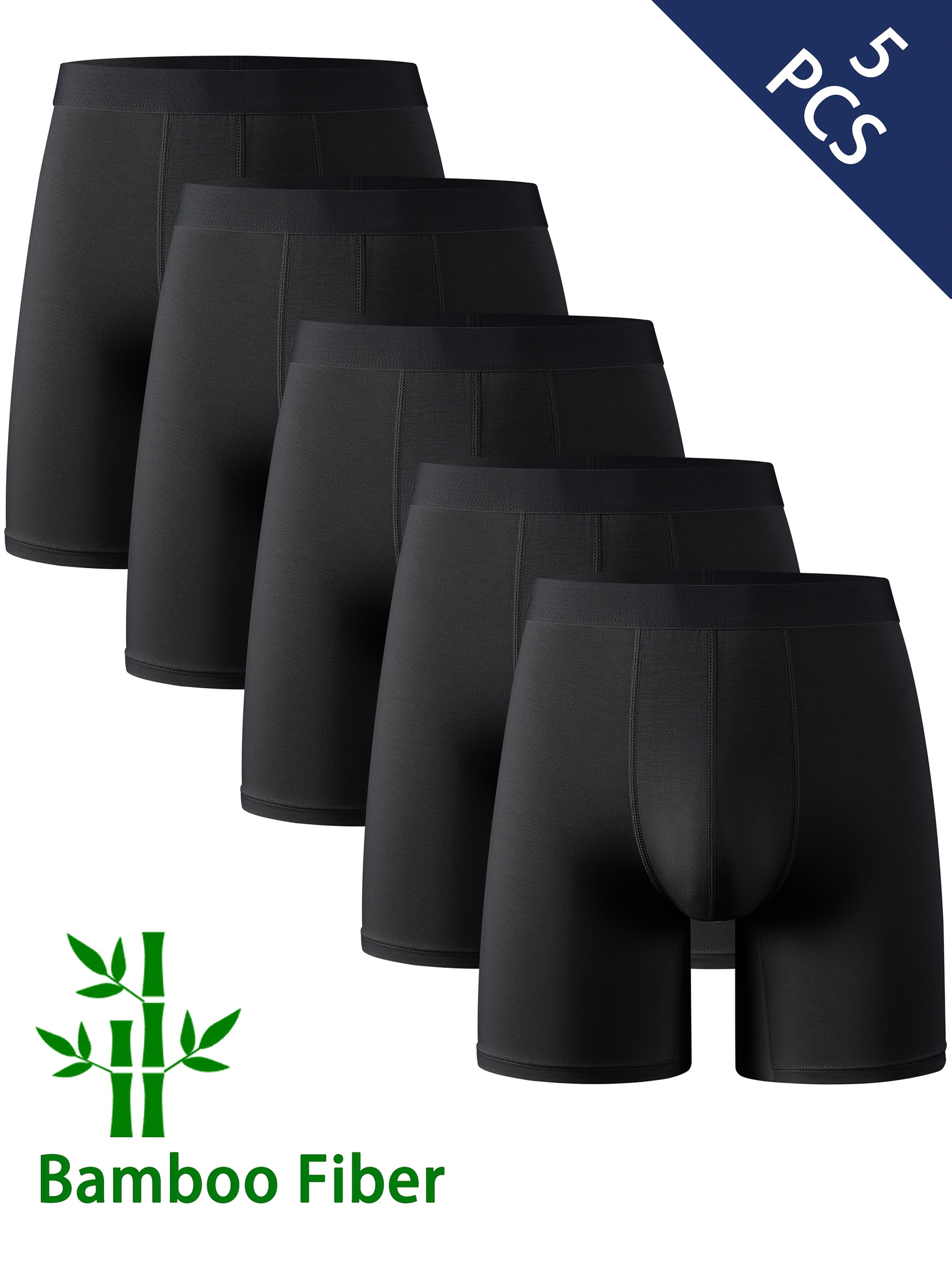 5-pack bambufiber herrlånga boxerkalsonger, mellanhöjd svarta underkläder för studenter, tonåringar, sport, casual, allsäsong, fuktavledande, andningsbara, fashionabla, klassiska