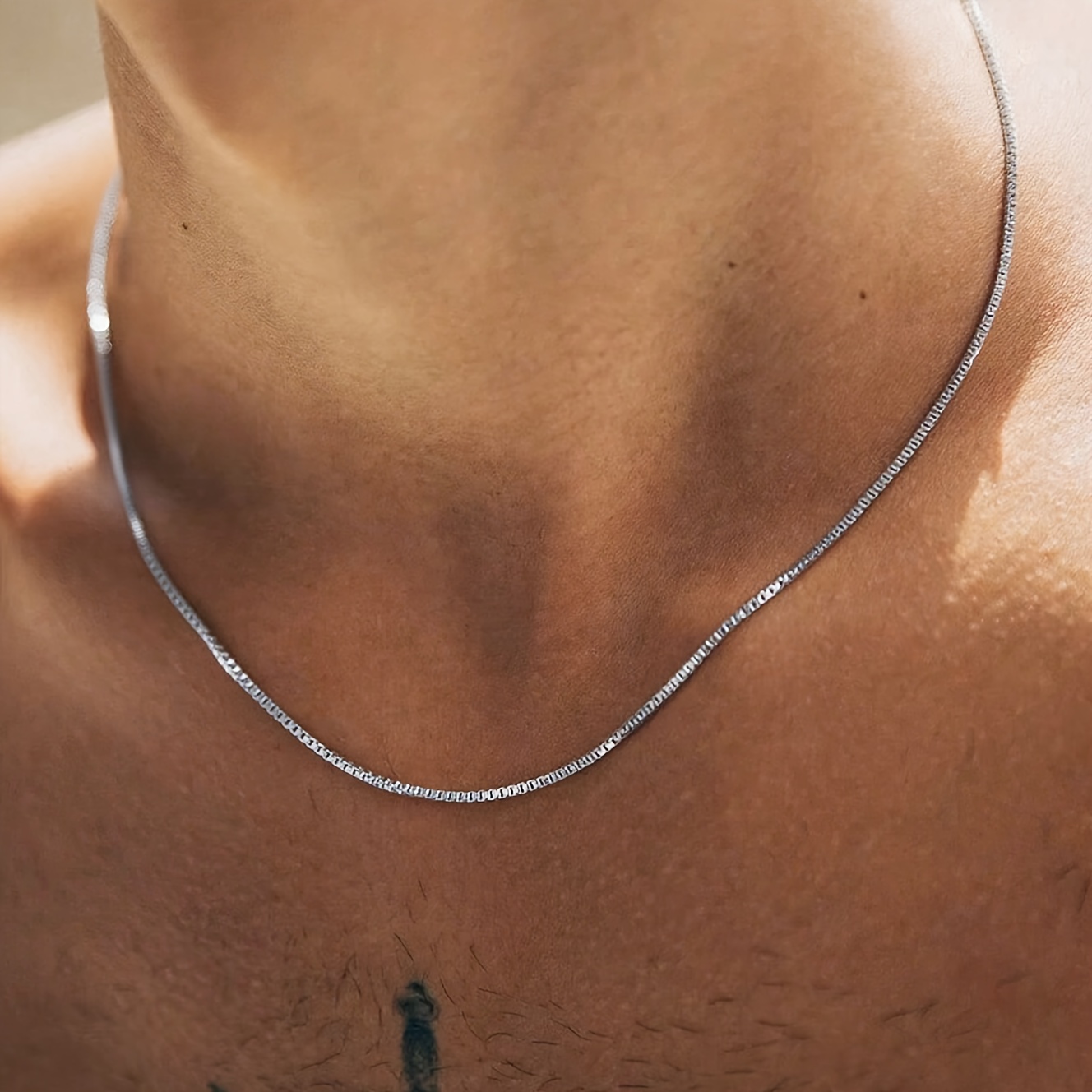 Men's Silvery Stainless Steel Square Design Minimalist Chain Necklace
