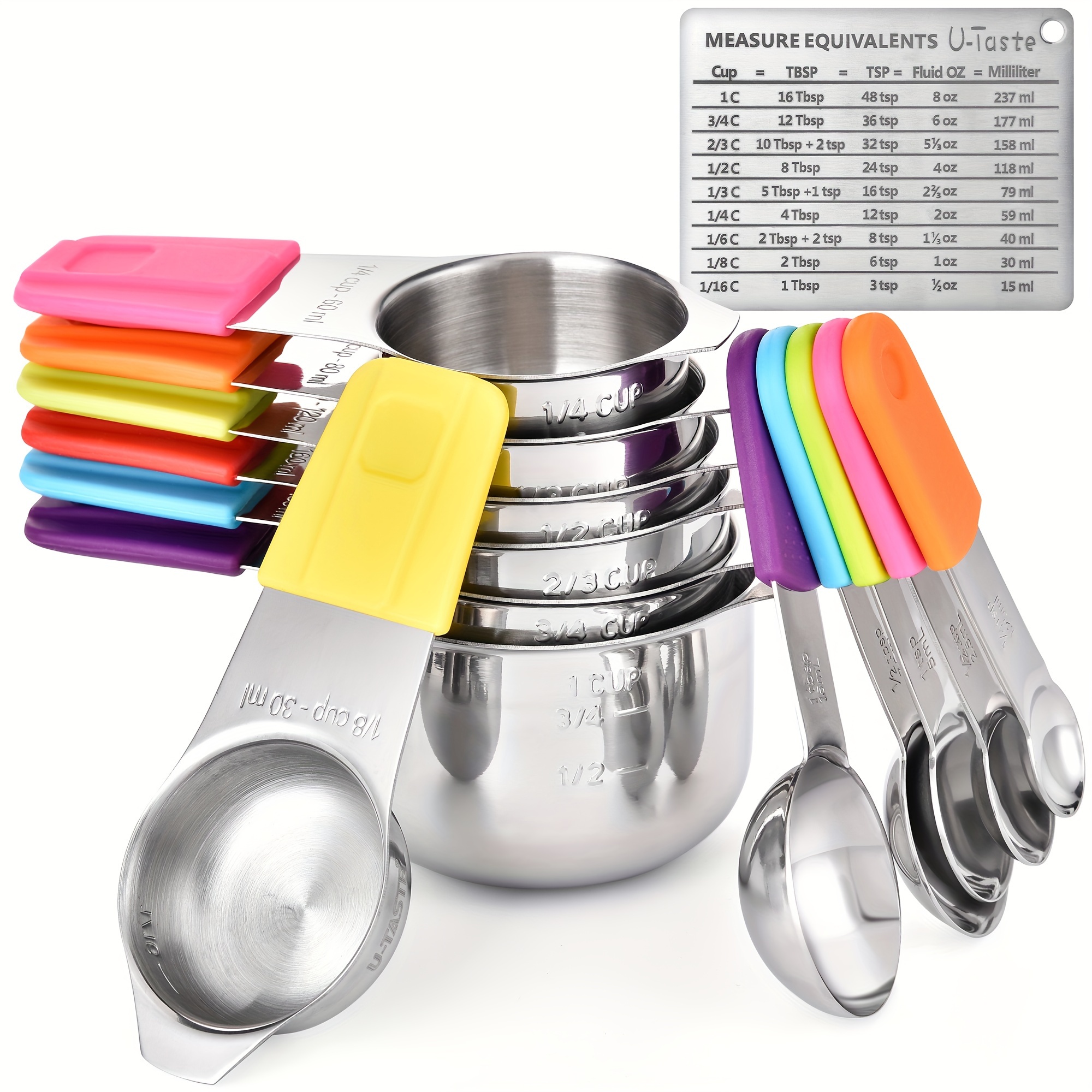 

13pcs/set, Magnetic Measuring Cups And Spoons Set, 18/8 Stainless Steel Measuring Cups And Measuring Spoons With 1 Professional Magnetic Measurement Conversion Chart, Baking Tools