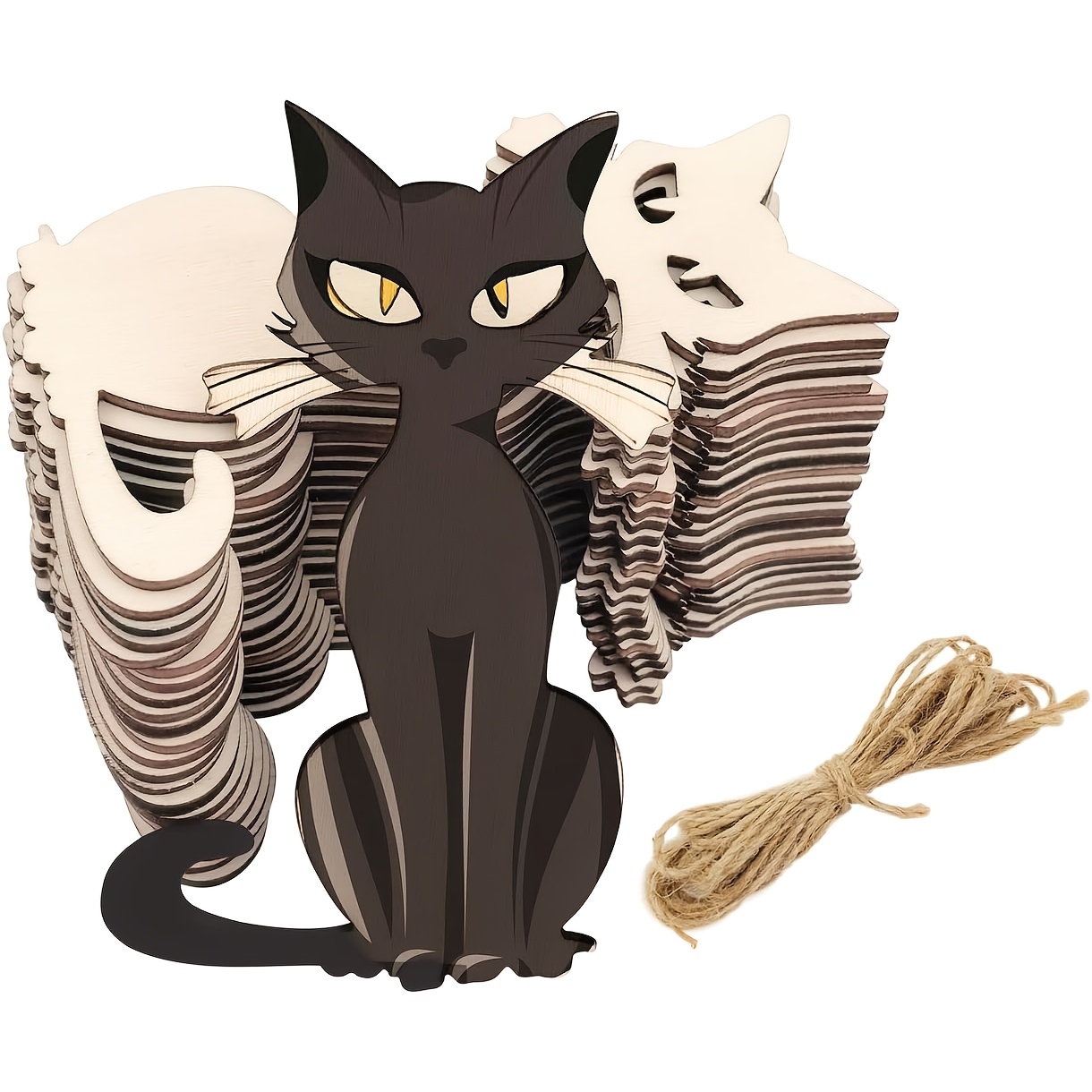 TEMU Lot de 30 tranches de bois naturel de 10 cm de chat d'Halloween, non , ornements de chat noirs en bois, peintes à , pièces à suspendre,