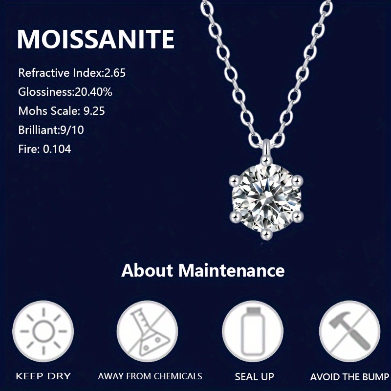 925 Silver Moissanite Necklace with 6-Claw Pendant