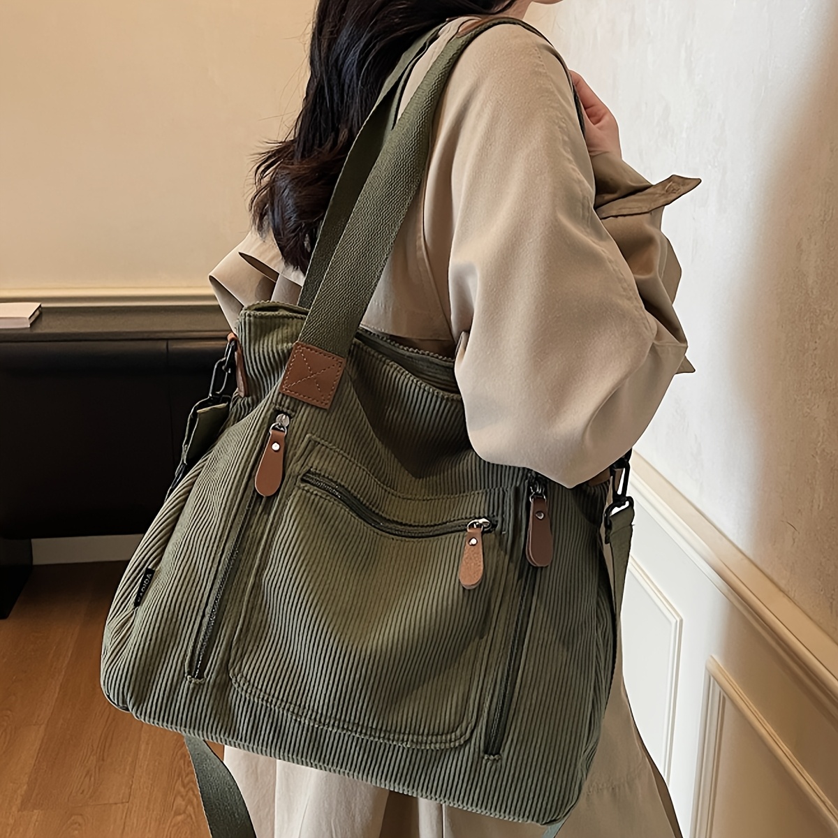 corduroy new womens handbag tote bag large capacity multi pocket casual single shoulder bag removable and adjustable shoulder strap   daily commuting handbag back to   items storage bag