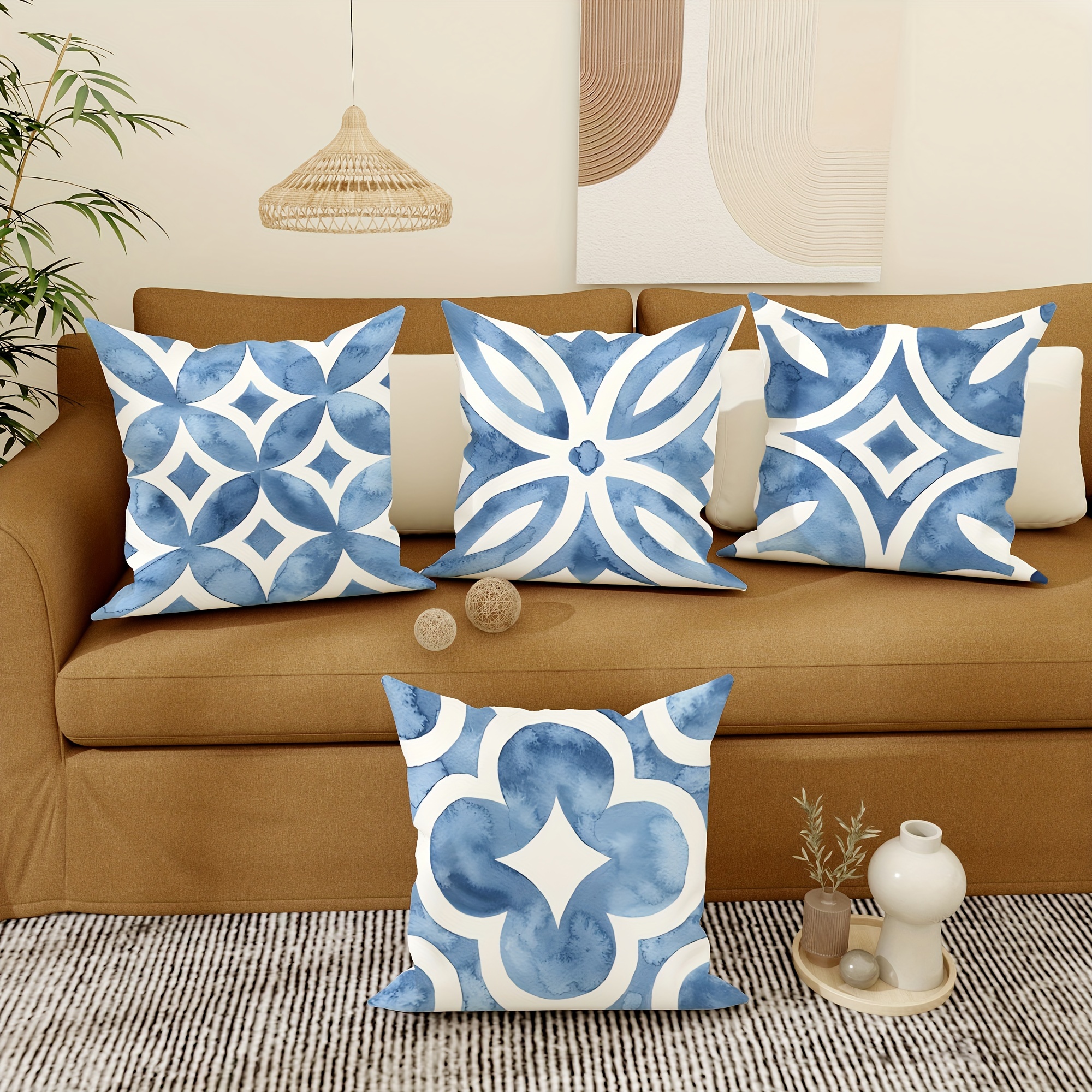 

4pcs Velvet Throw Pillow Covers Geometric Tie-dye Navy Blue White Abstract Modern Decorative Pillowcases18in*18in For Living Room Bedroom Sofa Bed Decoration Without Pillow Inserts