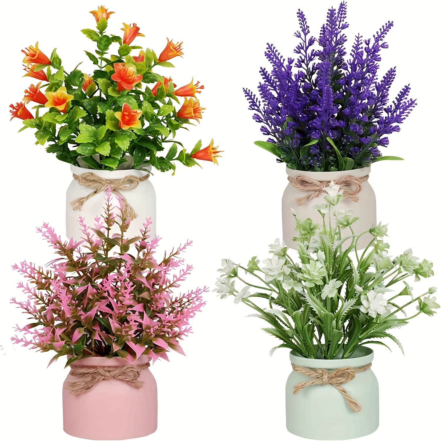 Image of False Potted Plants -4pcs Set Of Artificial Potted Flowers Artificial Plant Flower Pot Plastic Flower Potted Landscape Is Suitable For Indoor And Outdoor Home Kitchen Desk Wedding Decoration
