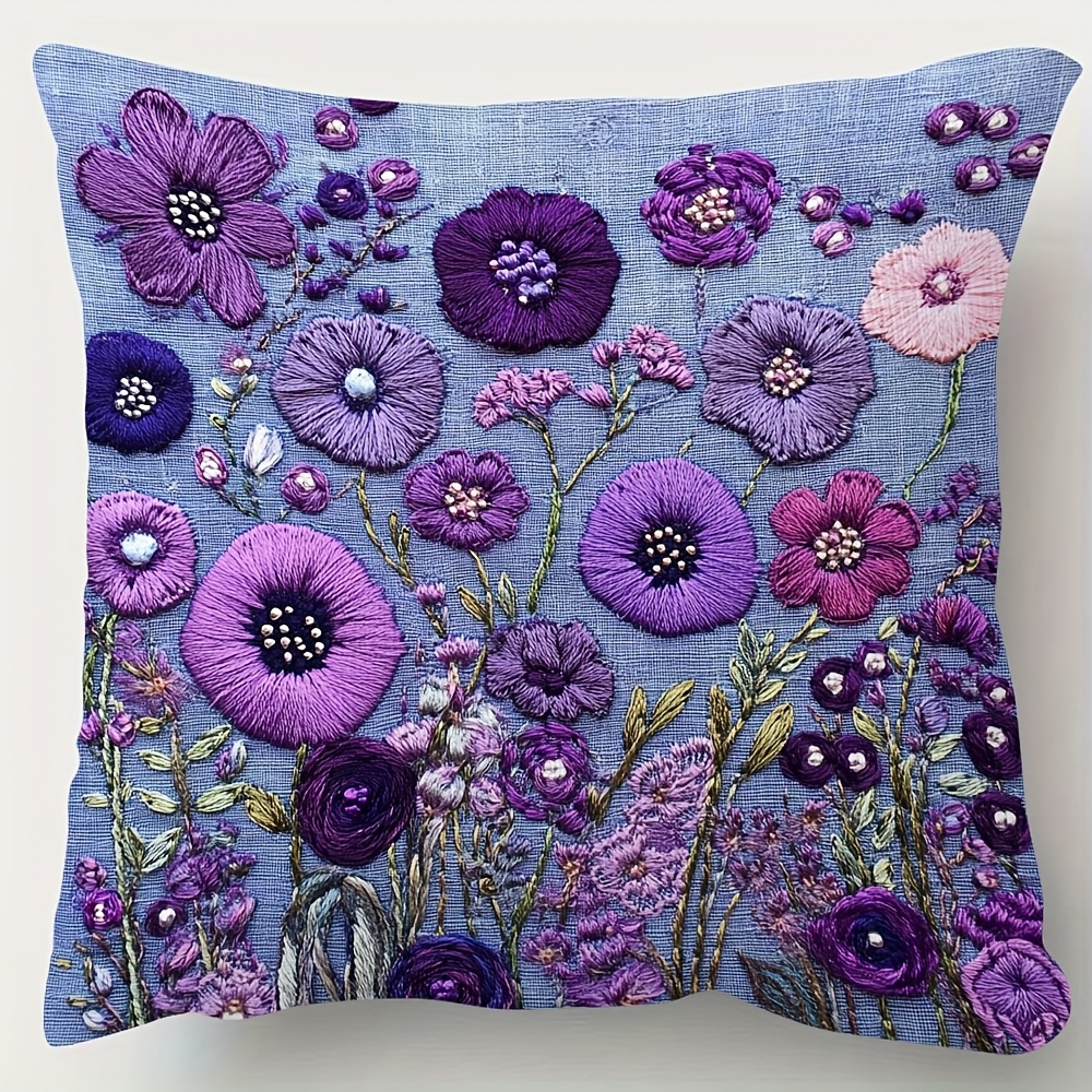 

1pc Vintage Style Embroidered Floral Throw Pillow Cover, 18x18 Inch, Short Plush Polyester Cushion Case, With Purple Flowers, Hand Wash Only, For Bedroom, Sofa, Living Room