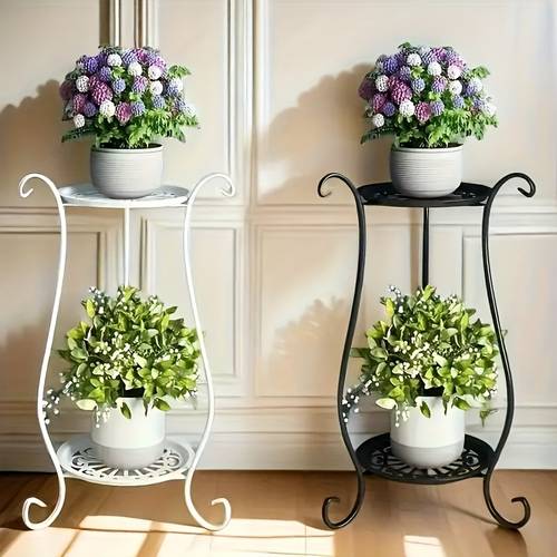 item picture double layer metal plant stand lightweight and durable in white black sturdy curved design for indoor outdoor use perfect display rack for potted plants or decorative items modern d cor