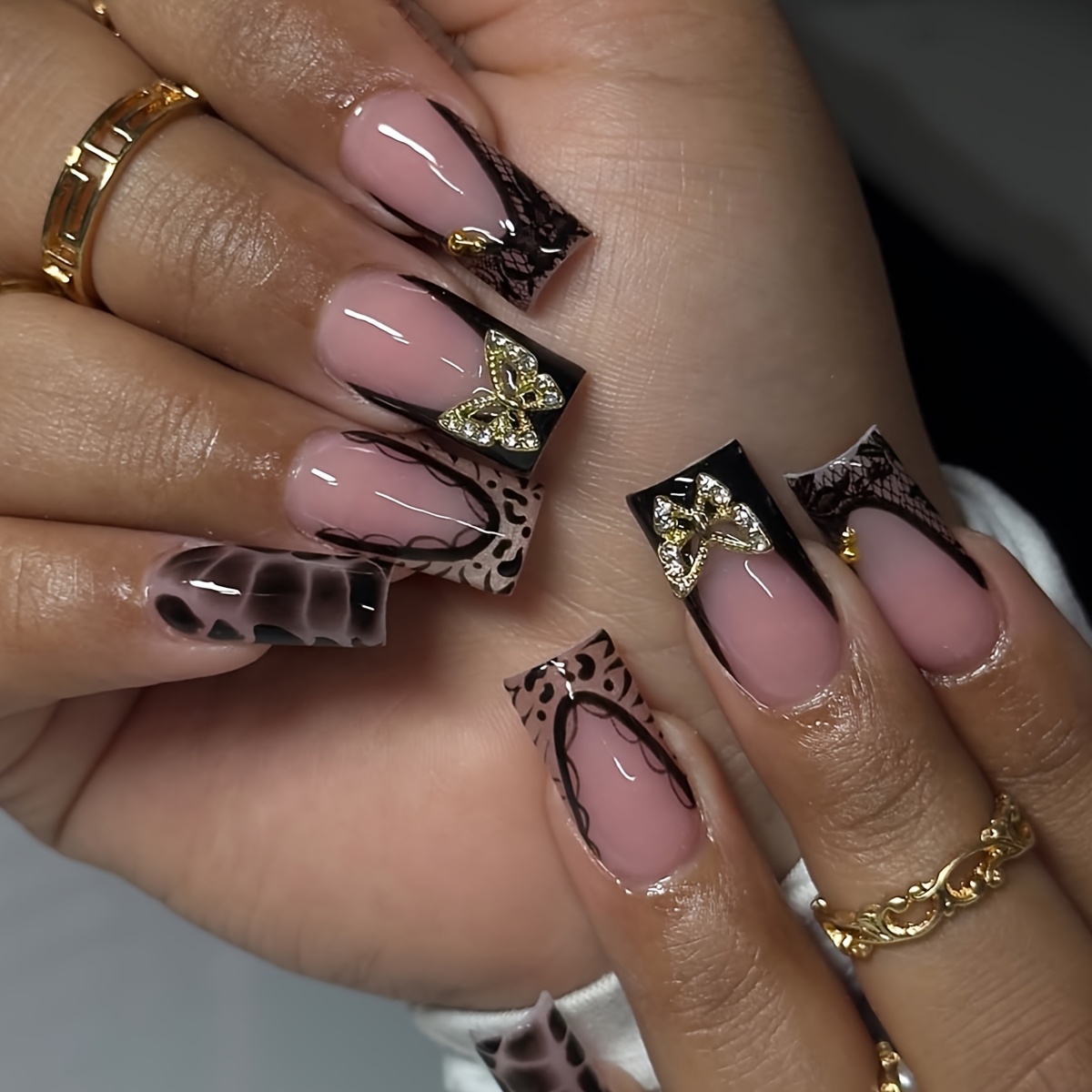 TEMU 24pcs European Square Fake Nails With Black Edges, Hand- And Butterflies With Rhinestone Accents, 3d Floral Print, Ink-smudged Design, Suitable