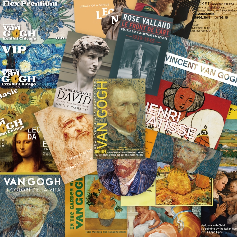 

50pcs Vintage Art Gallery Stickers, Famous Paintings , Van Gogh, And Literary Ticket Stub Decals, Pvc Material, For Laptop, Phone Case, Luggage, Creative Decorative Stickers