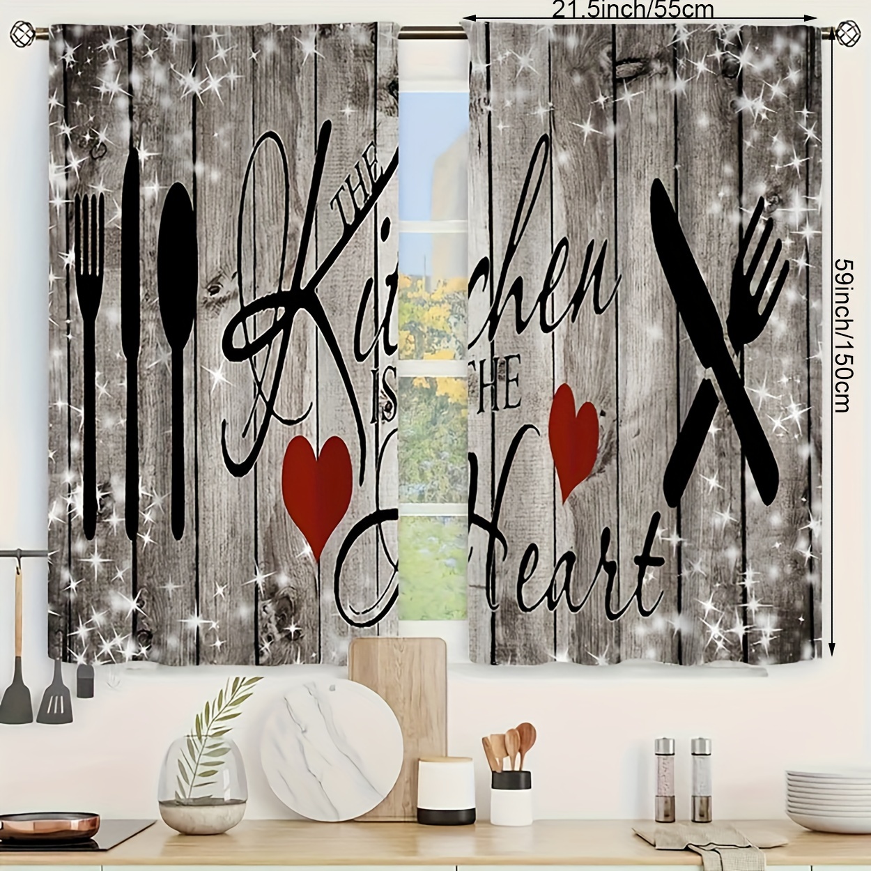Image of 2pcs, Polyester Material, Semi-transparent Curtains, Cafe Curtain Layered Polyester Vintage Curtains European Tableware Kitchen Curtains Room Bedroom Home Decor, Suitable For Rod
