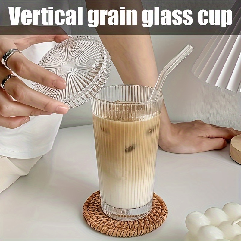 

1pc Vertical Grain Glass Cup, Glass Cup With Lid And Straw, Juice Cup, Water Cup, Ice Coffee Cup, Suitable For Coffee Accessories, Ribbed Cup, Suitable For Water, Coffee, Milk, Tea, Juice
