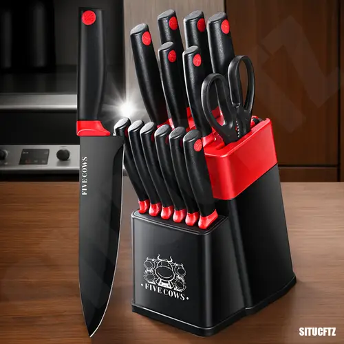 15pcs home kitchen knife set german stainless steel knife sharpener integrated dishwasher washable kitchen knife with built in sharpener white