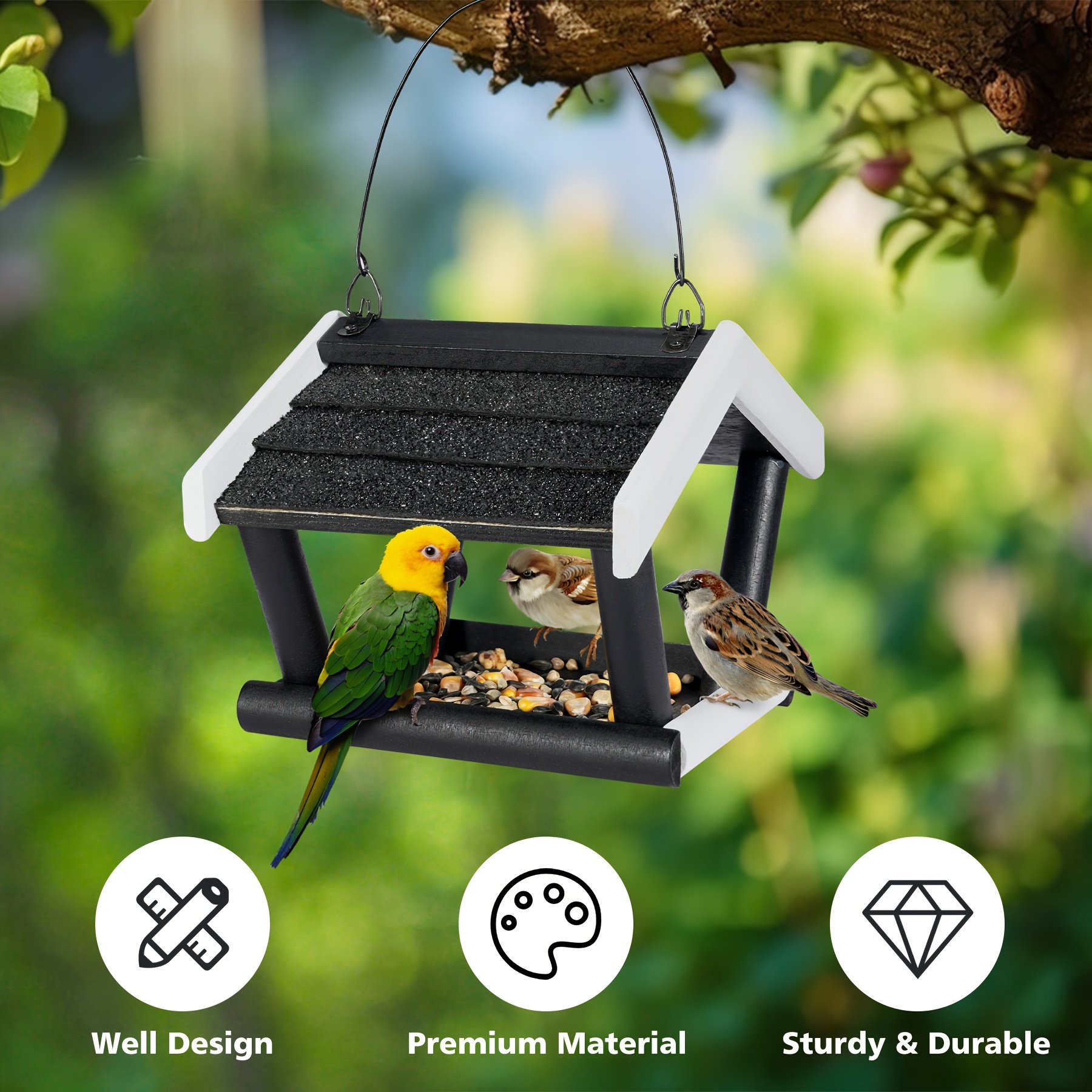 Black And White Minimalist Bird Feeder Hanging Bird Feeding Dish Outdoor Garden Decoration Wooden Bird Food Dispenser For Parrots, Peonies, Quails, And