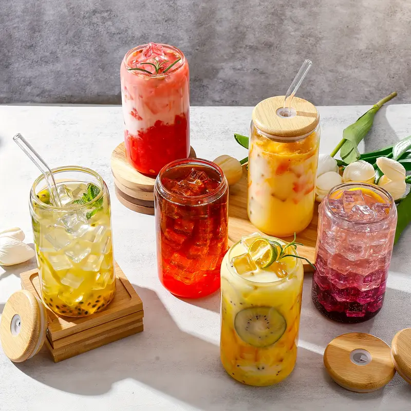 16pcs glass cup with bamboo lid and glass straw wife gives to mother cylindrical drinking cup 16 oz iced coffee cup smoothie boba tea water 2 cleaning brushes Product details 1