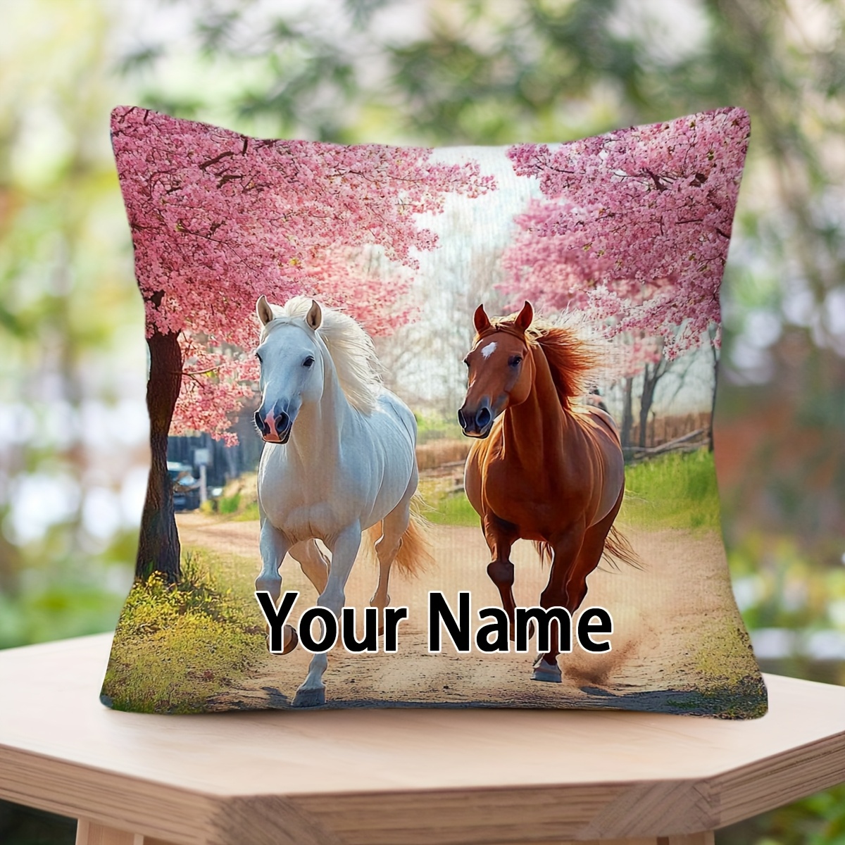 TEMU Customizable, 1pc, Throw Pillow Covers, With Customizable Text, " Horse On Cherry Road" Pattern, Short Plush Pillowcase, Christmas, Halloween