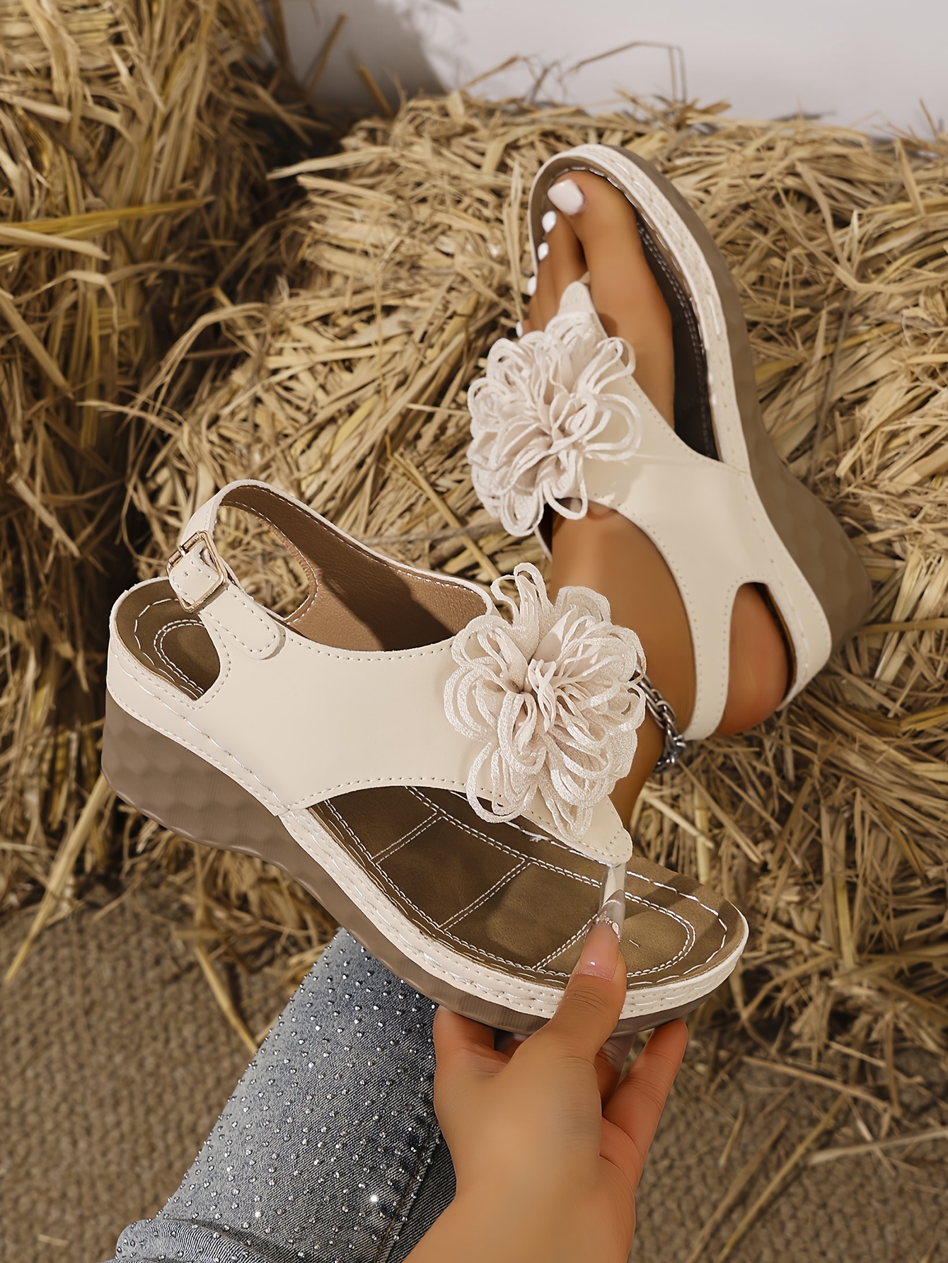 womens summer wedge sandals slip on open toe casual shoes with floral accents soft synthetic cover pu sole comfortable lightweight design for beach office or casual attire Product details 31