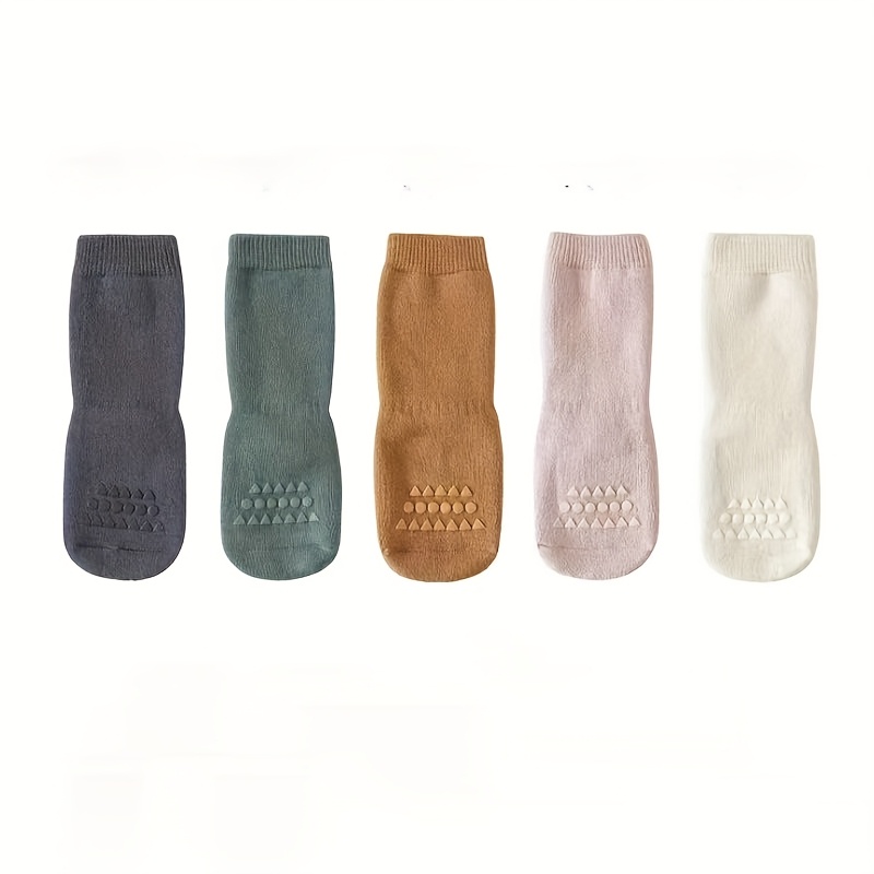 Image of 5 Pairs Of Baby Floor Socks Baby Socks For Boys And Girls Autumn And Winter Fleece Thickened Double-sided Non-slip Toddler Socks Solid Color Grip Socks, Home, Autumn Winter