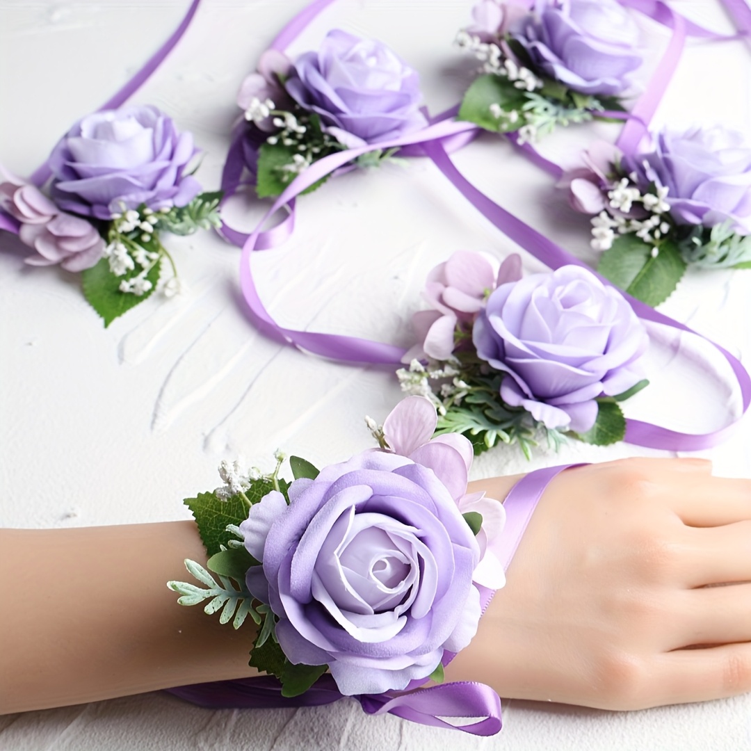 Image of 6pcs Rose Flowers With White 's Breath Forest Aesthetic Wrist Flower Set Suitable For Brides Groomsmen Bridesmaids Wedding Decoration, Evening Ball, Event Party