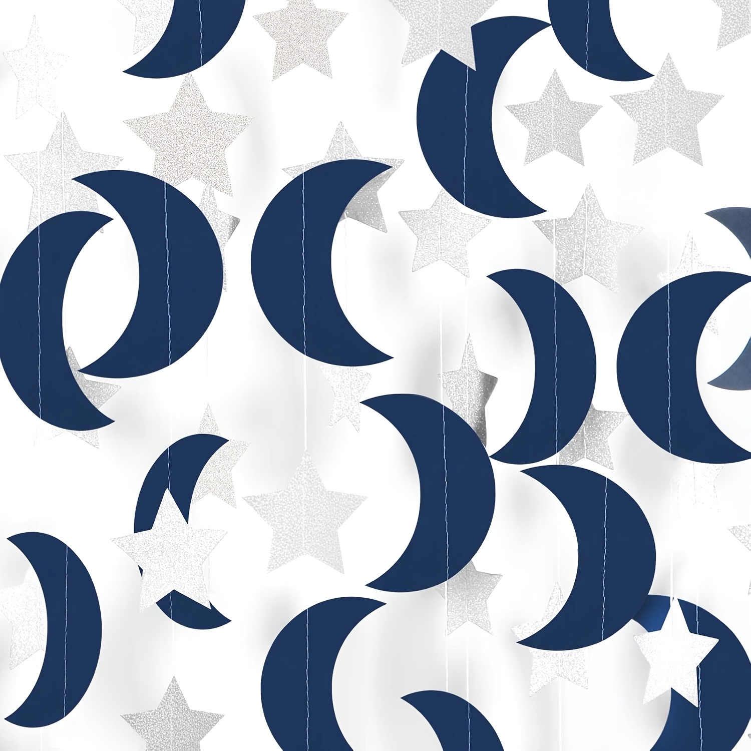 4pcs Navy Blue Silvery Moon and Star Party Decoration Garlands, Total 160 Stars and Moon Navy Blue Silvery Stars Hanging Streamers Decoration Eid Eid Decoration