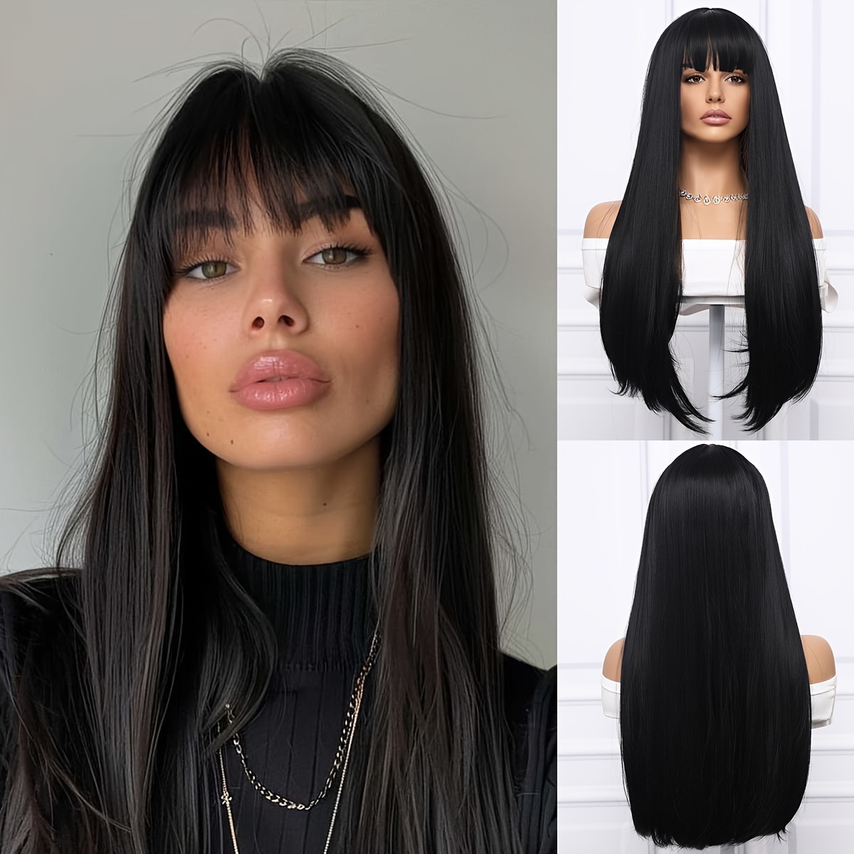 

Black Wig With Bangs, Ladies' Long Layered Wig, And 24-inch Black Hair Shoulder-length Synthetic Wig For Daily Party.