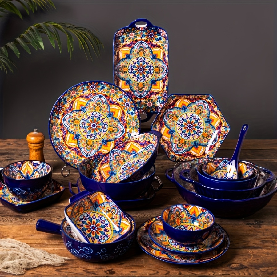 7-teiliges Bohemian Keramik-Geschirrset - Vintage Tassen, Teller & Schüsseln, Ofen- & Mikrowellengeeignet, Elegantes Tafelgeschirr für Zuhause, Küche, Esstisch, Tischdekoration