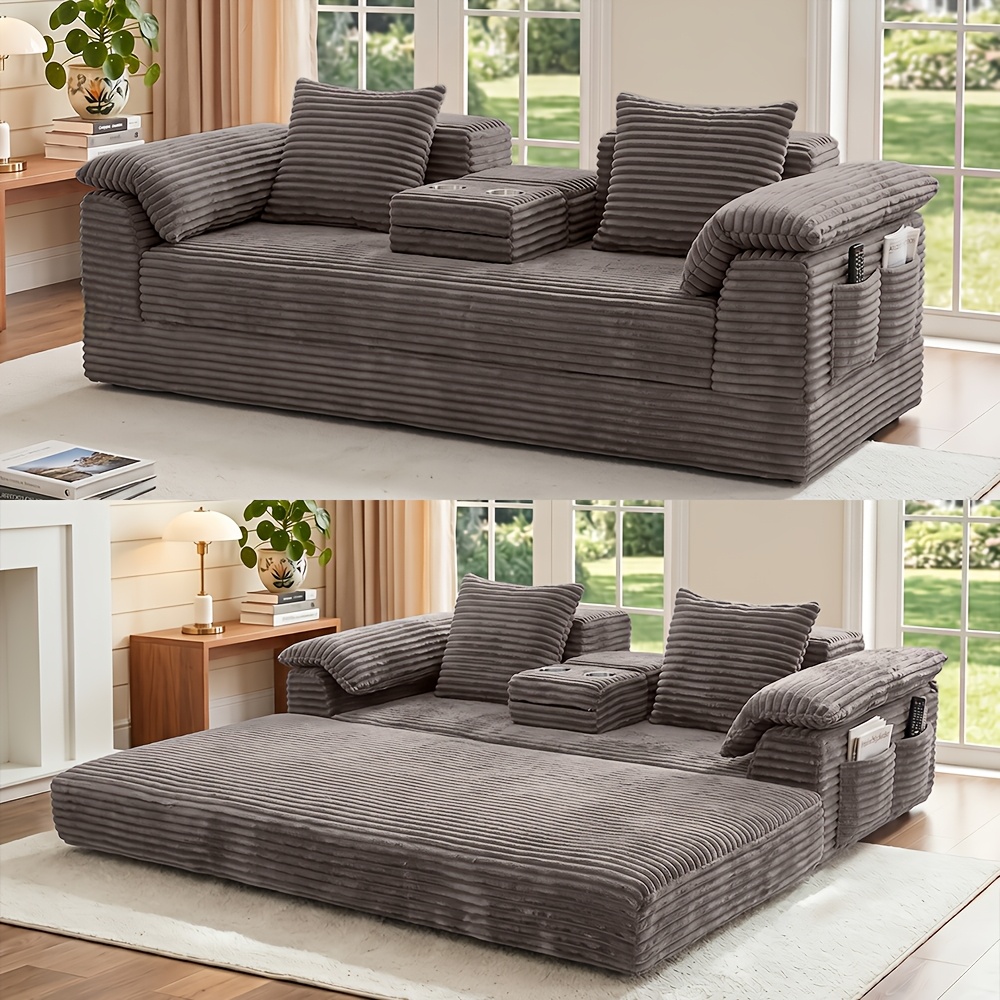 Image of Corduroy Modular Convertible Sofa Bed, 3-seater To Daybed Multi-combinable Sectional Couch With Cup Holder Console, Premium Corduroy Fabric, No , Plush Sofa For Living Room, Apartment, Movie Night