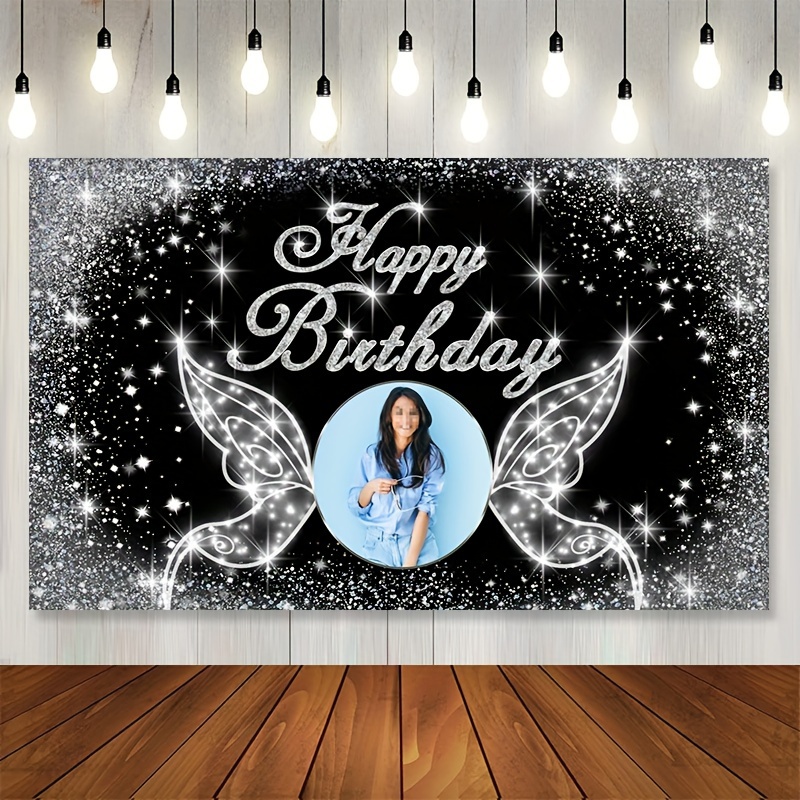 

Custom Happy Birthday Banner With Black & Silvery Butterflies - Personalize Your Photo, 41.7x70.8 Inch, Perfect For Front Porch Decor, Indoor/outdoor Wall Art, And Party Backdrop