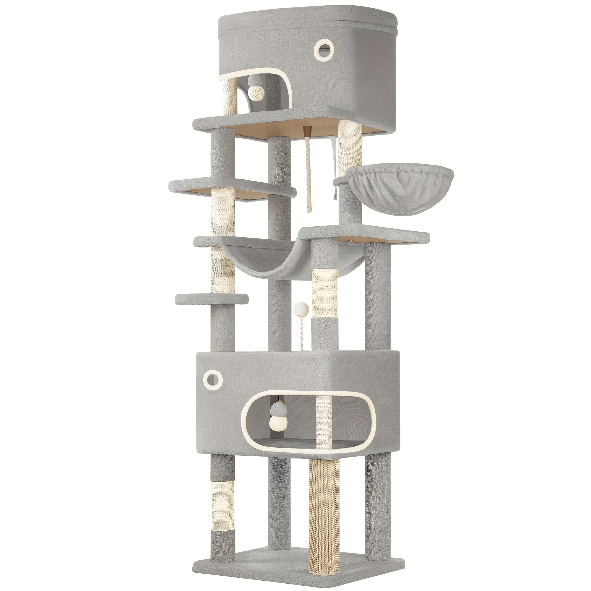 203cm Cat Tree For Indoor Cats, Scratching Post With Large Platform, 2 Caves, 7 Sisal Posts, Pompoms, Cat Basket, Hammock, Suitable For Cats
