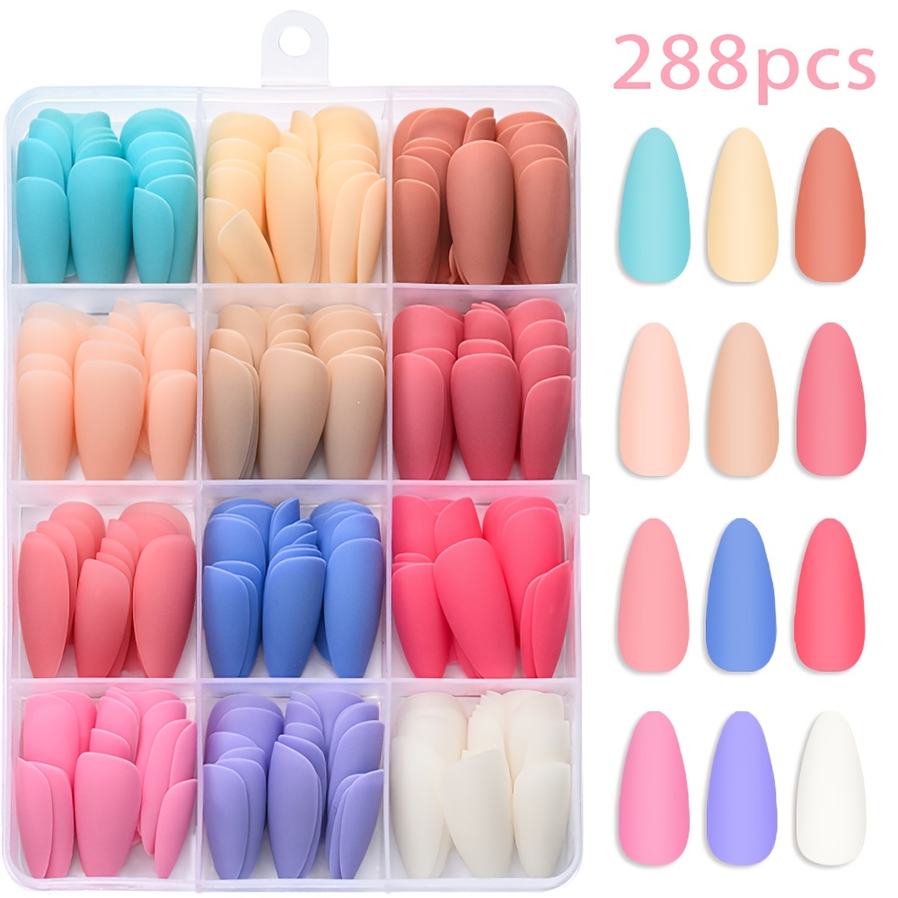 TEMU Un ensemble de 288 faux ongles d' mate, ensemble d'ongles faux moyens en 12 couleurs, ongles à pression brillants amovibles de style français